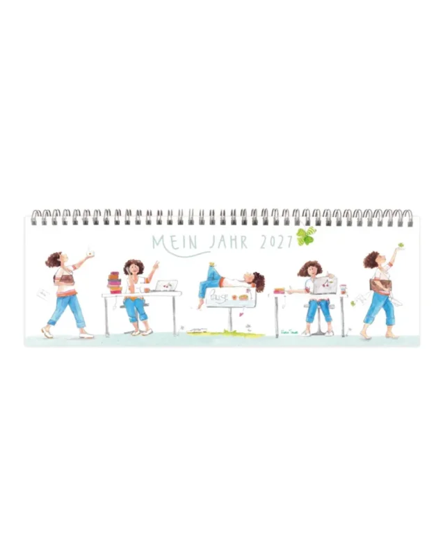 Tischkalender Frauenpower vom Grätz Verlag. Zu sehen ist das Deckblatt mit einer braunhaarigen Frau, welche eine helle Blouse und eine blaue Jeans trägt. Sie ist in fünf verschiedenen Ausführungen zdargestellt. Je zwei mal seitlich laufend mit Tasse bzw. Kleeblatt in der Hand, zwei mal am Schreibtisch sitzend mit Laptop und Büchern und in der Mitte der Darstellung liegend auf einem "Pause"- Schild.