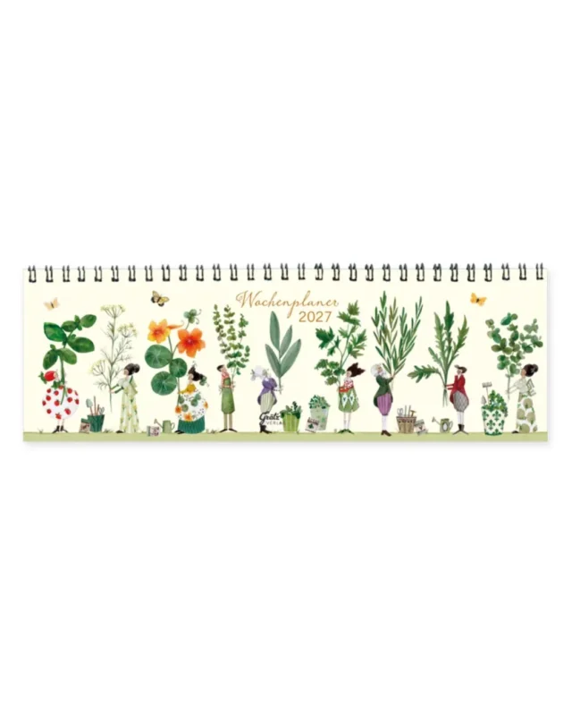 Zu sehen ist das Deckblatt des Tischkalenders "Kräuter" vom Grätz Verlag. "Wochenplaner 2027" steht in goldener Schrift in der mitte des Kalenders. Es sind neun verschiedene Gartenelfen dargestellt, welche verschiedenste überdimensionale Kräuter und Blumen in den Händen halten. Detailreiche kleine Körbe mit weiteren kleinen Kräutern, Pflanzen und Gartenwerkzeugen stehen zu ihren Füßen.
