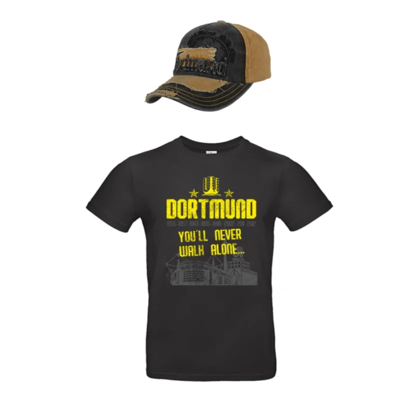 Dortmund Fan Set Fussball Fanartikel Dortmunder T-Shirt Rundhals Baumwolle Cap Dortmund-Basecap Käppi