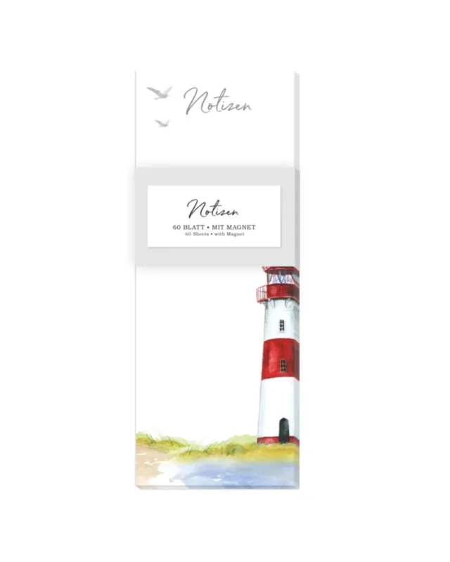 Notizblock „Leuchtturm“ vom Grätz Verlag mit Leuchtturm-Motiv von Daniela Drescher, Vorderansicht mit Verpackungsband.