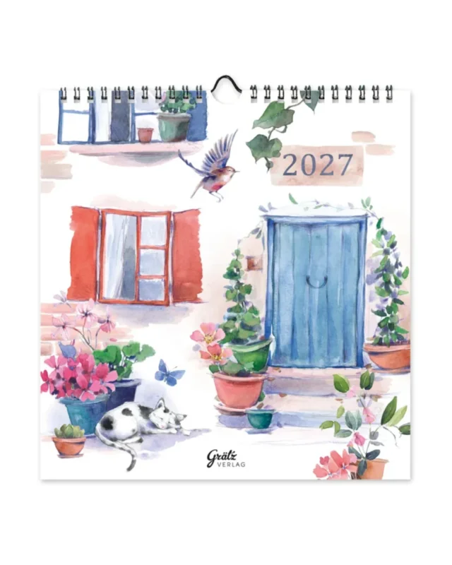 Wandkalender Naturliebe Katze von Grätz Verlag vor weißen Hintergrund. Das Motiv besteht aus vielen kleinen Details und einer Hauswand hinter einer schlafenden Katze.