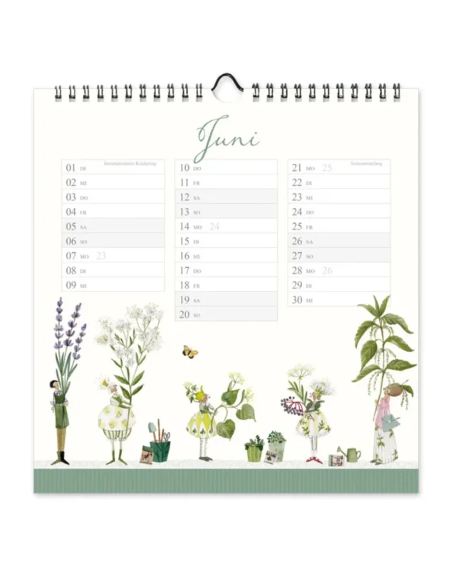 Wandkalender "Schöne Tage Kräuter" von Grätz Verlag vor weißen Hintergrund. Aufgeschlagen ist die Seite Juni und zu sehen sind 5 kleine Figuren welche große Pflanzen in der Hand halten.