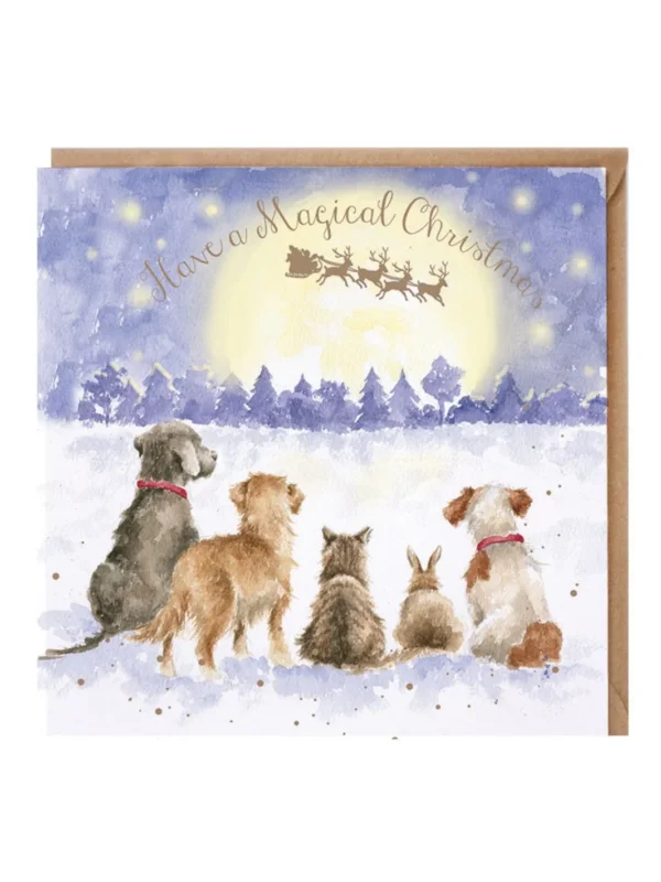 Weihnachtliche Doppelkarte mit verschiedenen Haustieren als Motiv von Wrendale Designs.