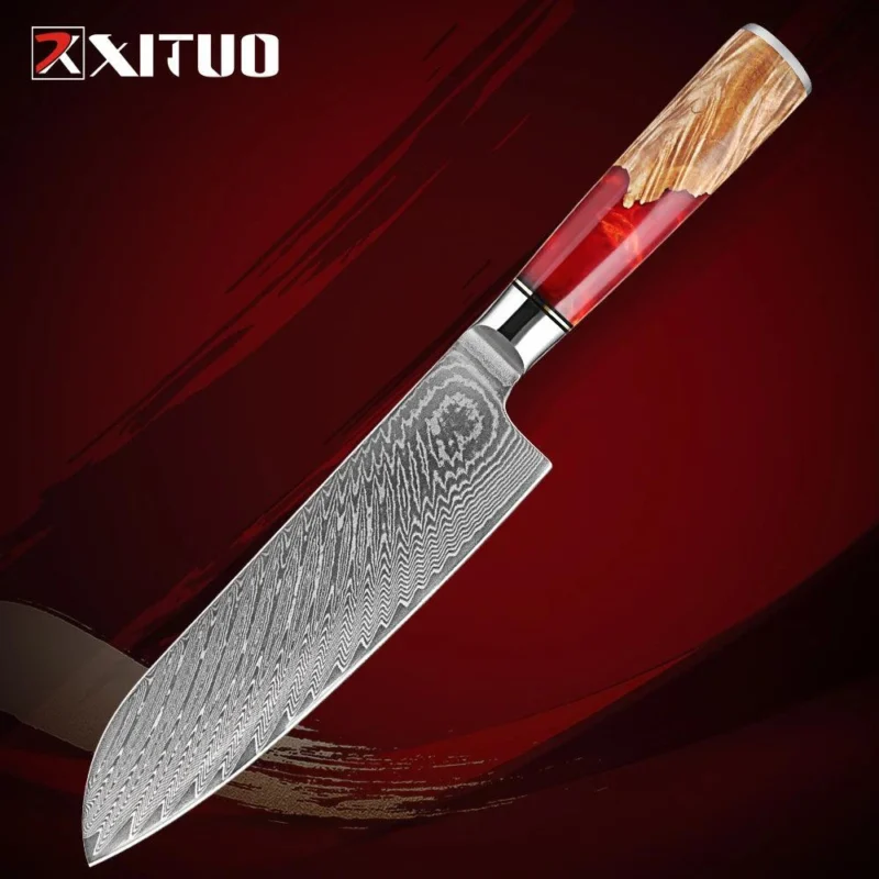 XITUO Santoku Damastmesser 7 Zoll mit Holzgriff, Küchenmesser auf rotem Hintergrund