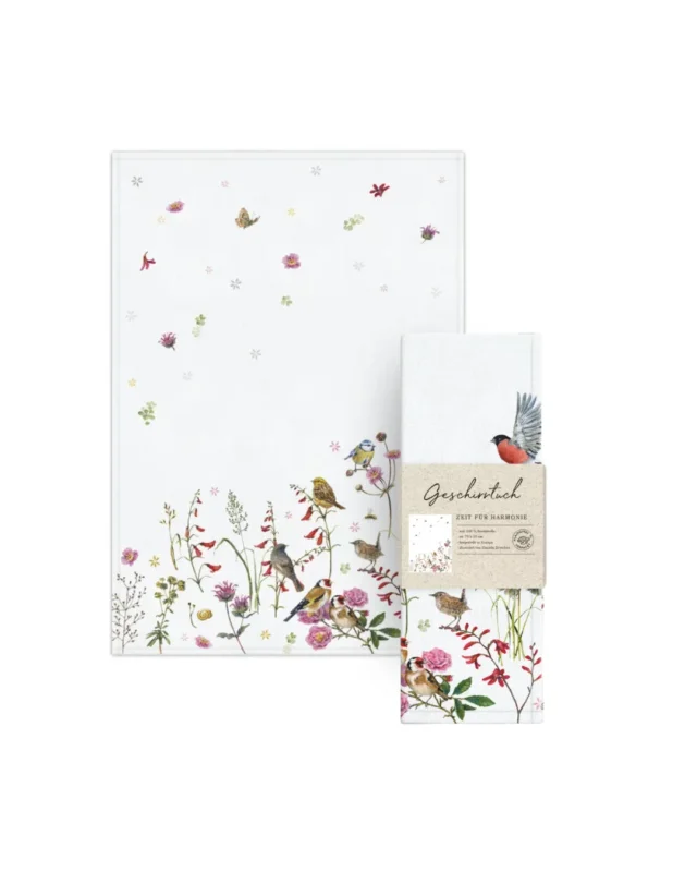 Geschirrtuch Zeit für Harmonie mit Verpackung vom Grätz Verlag – Naturmotiv von Daniela Drescher mit Singvögeln und Blumenwiese.