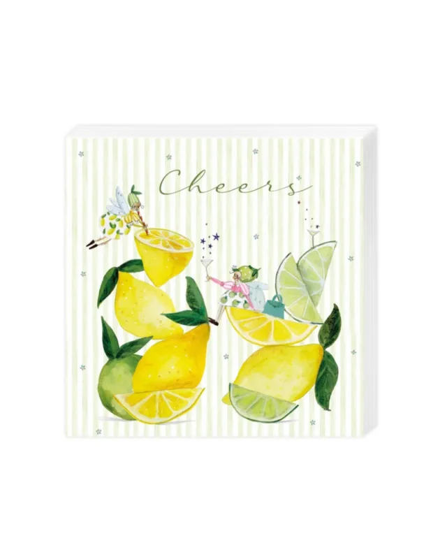 "Fresh Lemons" Cocktailservietten vom Grätz Verlag vor weißen Hintergrund. Das Motiv besteht aus vielen Zitronen und verschiedenen Zitronen-Feen,welche auf und vor den Zitrusfrüchten sitzen. Die Illustration stammt von Silke Leffler.