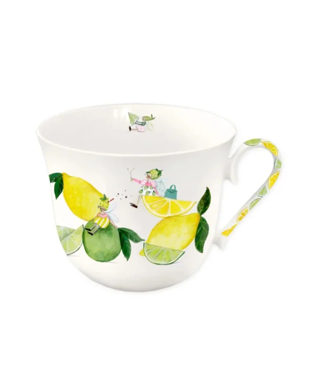 Lieblingstasse Fresh Lemons vom Grätz Verlag mit Zitronen-Motiv von Silke Leffler vor weißem Hintergrund.