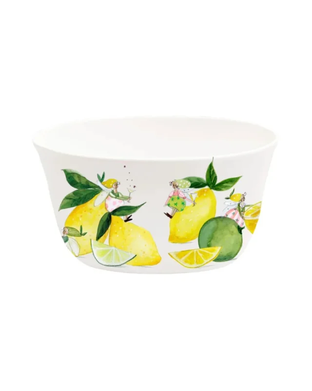 Müslischale "Fresh Lemons" vom Grätz Verlag mit drei Zitronen und einer Limette. Die reifen Zitronen haben grüne Blätter an den Stielen und es sitzen je zwei Elfen auf den Zitronen und eine Elfe auf der Limette. Die Fabelwesen haben zarte Flügel auf dem Rücken und rundliche bunte Röcke an. Sie genießen gut gelaunt die erfrischenden Getränke.