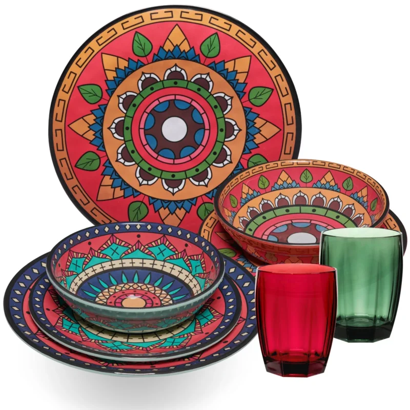 Melamin Geschirr Set Toskana Deep für 2 Personen - 8 Teile - Rot-Grün - Mandala-Optik mit farblich passenden Trinkgläsern 320 ml Campinggeschirr