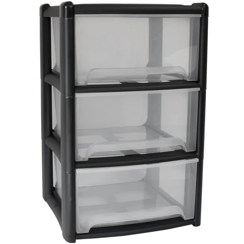 Schubladenbox mit 3 Schubladen 38x38x61 cm - schwarz-transparent Kunststoff Drawer Tower Box Organizer für Schreibtisch Easy-Pull-System