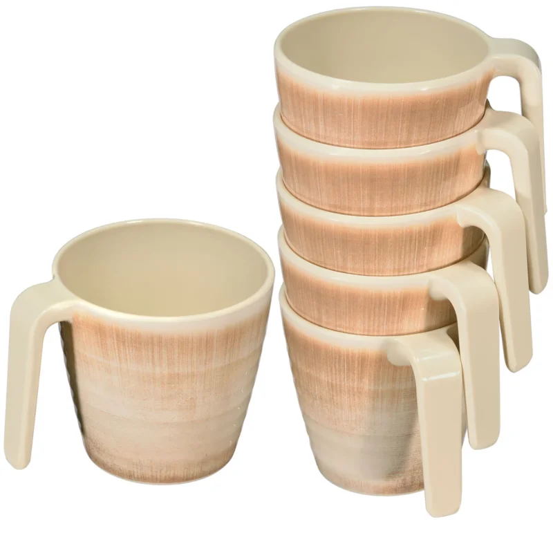 Melamin 6 Tassen 350 ml ideal für Camping - Jesolo Sand - Stapelbar - Steingutoptik Trinkbecher Kaffeetasse Kaffeebecher