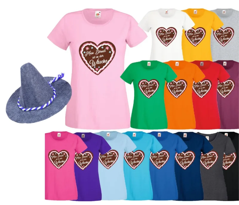 Alsino 2-teiliges Damenkostüm-Set Oktoberfest T-Shirt Mein Dirndl ist in der Wäsche + Seppelhut