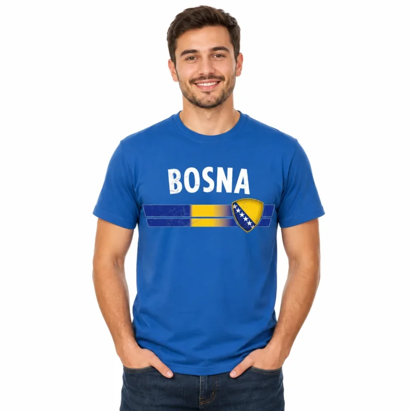 Bosnien Shirt Herren Damen BOSNA T Shirt Fan Shirt Blau Gelb Fußball Länder Shirt Bosnien Herzegowina Trikot Look Balkan Supporter Oberteil für Public Viewing Party Freizeit S bis 5XL