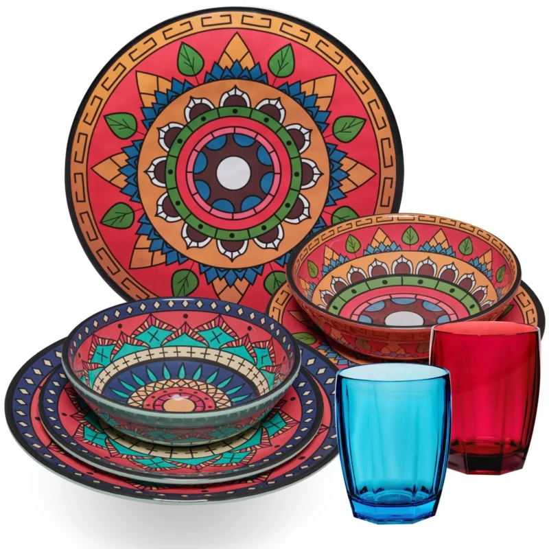 Melamin Geschirr Set Toskana Deep für 2 Personen - 8 Teile - Rot-Grün - Mandala-Optik mit farblich passenden Trinkgläsern 320 ml Campinggeschirr