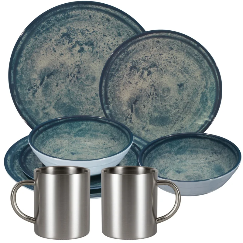 Melamin Geschirr Set Mondgranit Blau-Grau für 2 Personen - 8 Teile - mit Edelstahl Thermo Tassen Steingutoptik Spülmaschinengeeignet Essgeschirr Campingzubehör Campinggeschirr Wohnwagen Camping Festival Picknick Gartenparty
