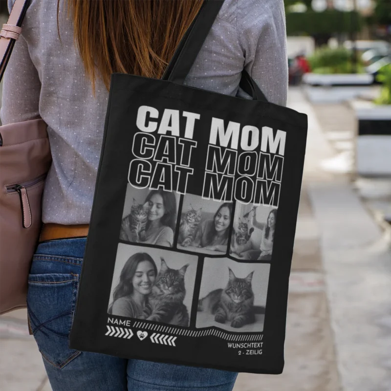 Personalisierte Einkaufstasche mit Foto und Namen – Motive Best Dad, Best Mom, Besties, Dog Mom, Dog Dad, Cat Mom, Cat Dad, Beste Oma, Bester Opa – Stofftasche natur, schwarz oder grau mit langem Henkel