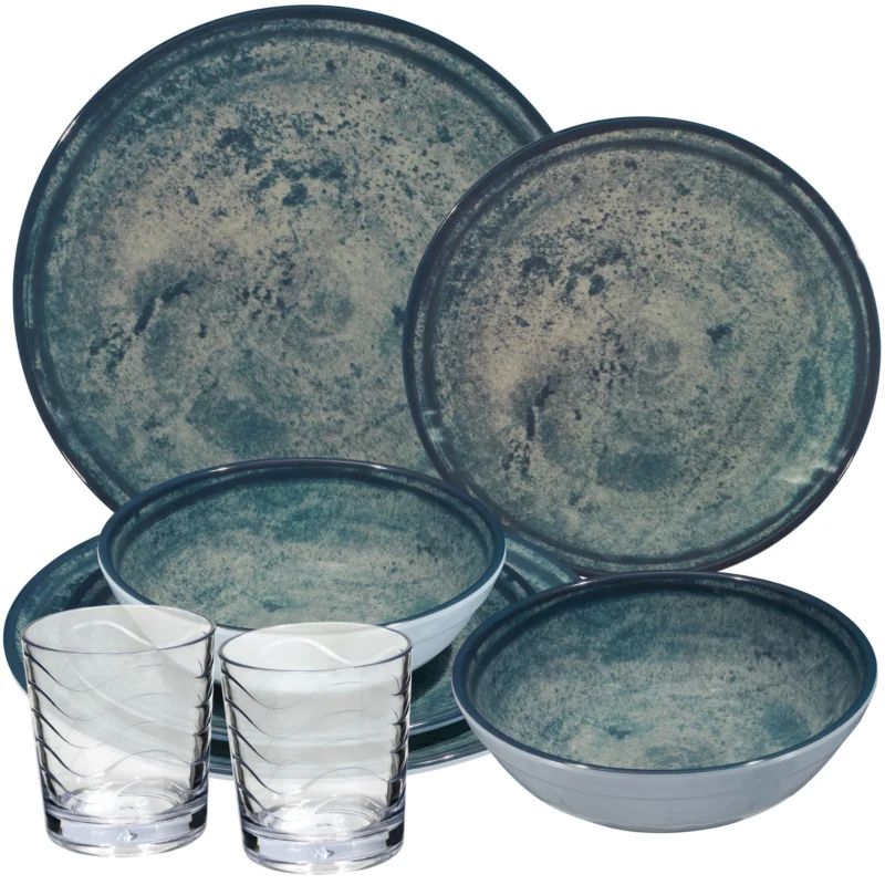 Melamin Geschirr Set Mondgranit Blau-Grau für 2 Personen - 8 Teile - mit klaren Trinkgläsern 250ml Steingutoptik Spülmaschinengeeignet Essgeschirr Campingzubehör Campinggeschirr Wohnwagen Camping