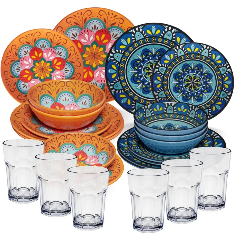 Melamin Geschirr Set Toskana Pastel für 6 Personen - 24 Teile - Orange-Blau - Mandala-Optik mit klaren Trinkgläsern 400 ml aus Acryl Spülmaschinengeeignet Campinggeschirr