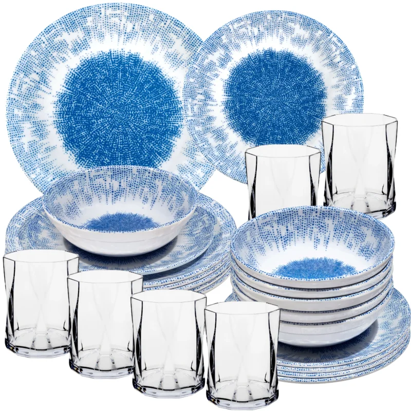 Melamin Geschirr Set Wish Flower Blau für 6 Personen - 24 Teile - mit klarem Trinkglas 300ml Steingutoptik Spülmaschinengeeignet Essgeschirr Campingzubehör Campinggeschirr Wohnwagen Camping