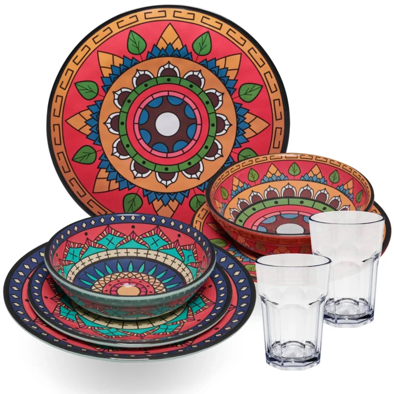 Melamin Geschirr Set Toskana Deep für 2 Personen - 8 Teile - Rot-Grün - Mandala-Optik mit klaren Trinkgläsern 400 ml Campinggeschirr