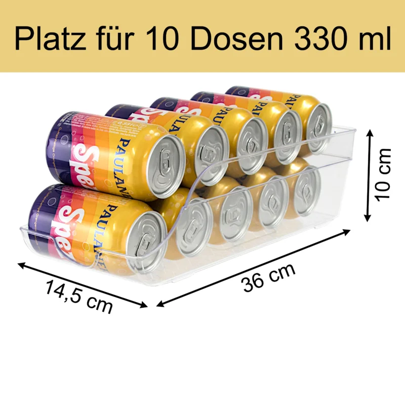 Kühlschrank-Organizer 36x14,5x10 cm durchsichtig - für 10 Dosen 330ml Aufbewahrungsbox Getränkedosen Dosenspender Fridge Organizer Kühlschrankbox BPA-frei