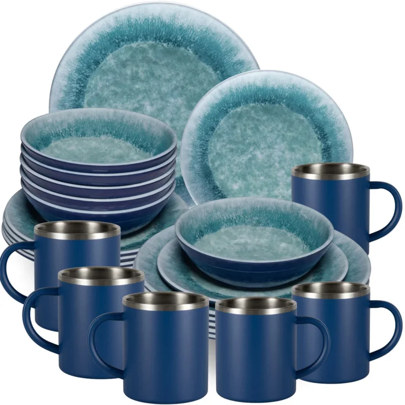 Melamin Geschirr Set Adria Blue für 6 Personen - 24 Teile Blau - mit Edelstahl Thermo Tassen Steingutoptik Essgeschirr Campingzubehör Campinggeschirr Wohnwagen Camping Festival Picknick Gaertenparty