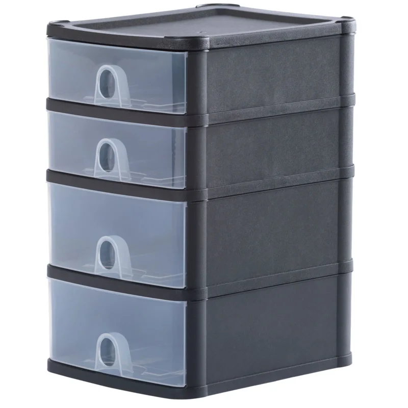 Schubladenbox mit 4 Schubladen 20x25x33cm DINA5 schwarz-transparent Drawer - Schubladenbox Kunststoff Drawer Tower Box Organizer für Schreibtisch Easy-Pull-System