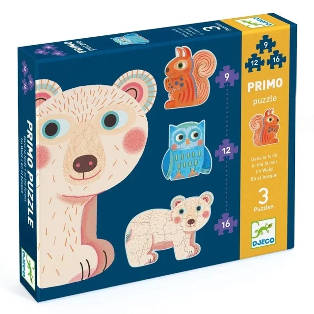 Verpackung von Silhouetten-Puzzle "Im Wald" von Djeco mit 9, 12 und 16 Teilen