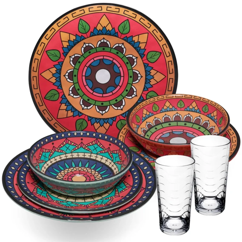Melamin Geschirr Set Toskana Deep für 2 Personen - 8 Teile - Rot-Grün - Mandala-Optik mit klaren Trinkgläsern 260 ml Campinggeschirr