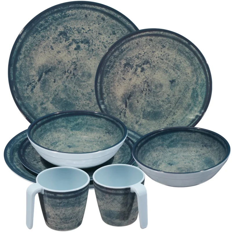 Melamin Geschirr Set Mondgranit Blau-Grau für 2 Personen - 8 Teile - Steingutoptik