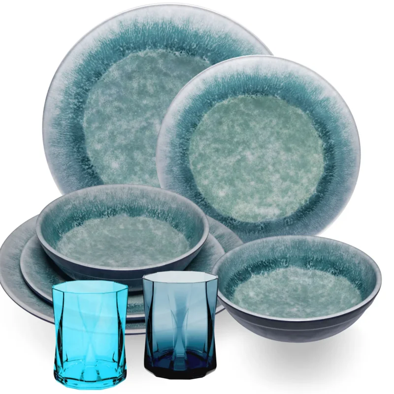 Melamin Geschirr Set Adria Blue für 2 Personen - 8 Teile Blau - mit farblich passenden Trinkgläsern 300 ml aus Acryl Steingutoptik Campinggeschirr Camping