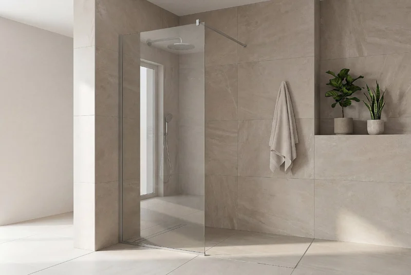 Match Walk-in Duschwand aus 6 mm ESG-Glas mit Stabilisierung in einer bodengleichen Dusche
