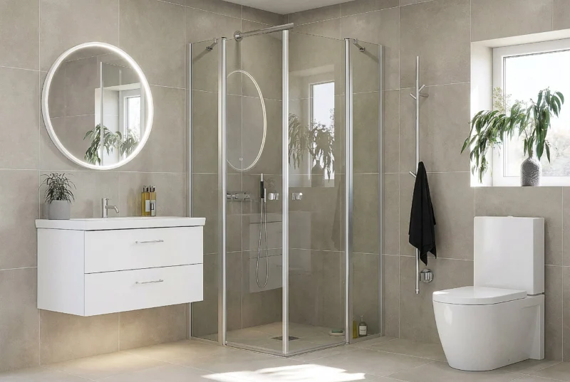 Match Eckdusche mit zwei Falttüren aus 6 mm ESG-Glas in einem hellen Badezimmer, silberne Profile