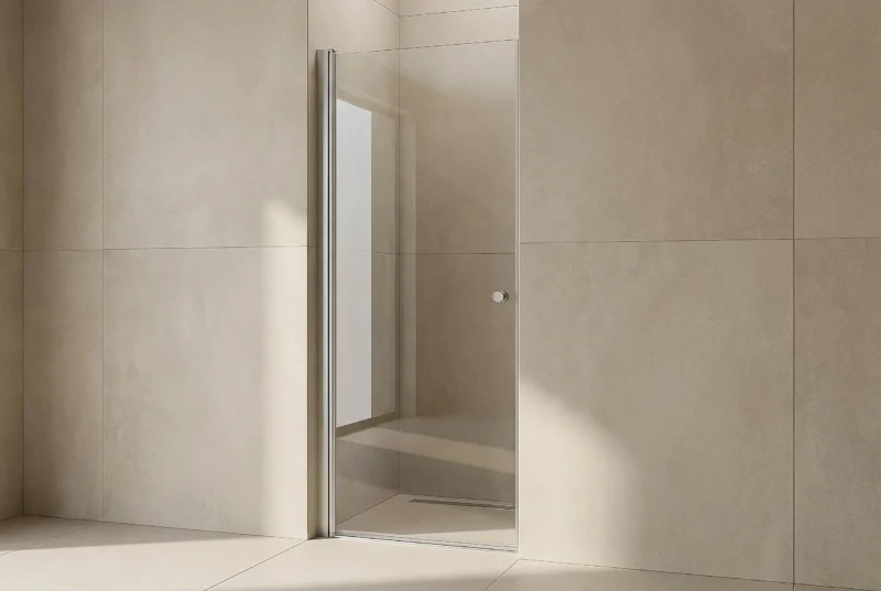 Match Drehtür für die Nische mit klarem 6 mm ESG-Glas und satiniertem Aluminium-Wandprofil, in einer hell gefliesten Duschnische montiert