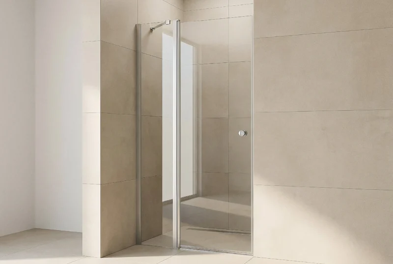 Match Drehtür mit festem Glas-Seitenteil für die Nische, klares 6 mm ESG-Glas und satiniertes Aluminium-Wandprofil, in einer hell gefliesten Duschnische montiert