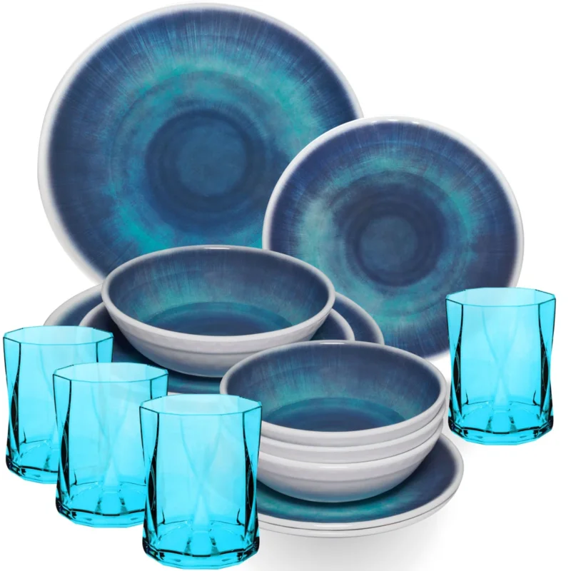 Melamin Geschirr Set Jesolo Blau für 4 Personen - 16 Teile - mit farblich passenden Trinkgläsern 300ml aus Acryl Campinggeschirr