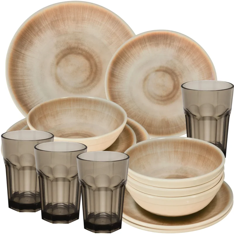 Melamin Geschirr Set Jesolo Sand für 4 Personen - 16 Teile - mit braunen Trinkglas 400ml Steingutoptik Spülmaschinengeeignet Essgeschirr Campingzubehör Campinggeschirr Wohnwagen Camping