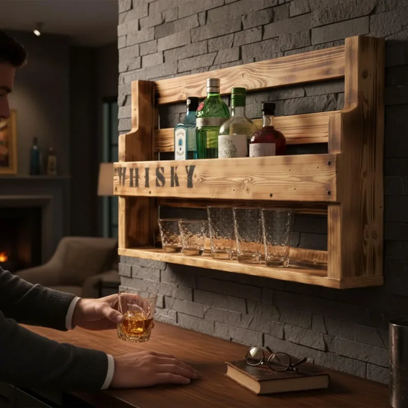 Whisky Regal aus Holz mit Gläserhalter und WHISKY Schriftzug Geflammt