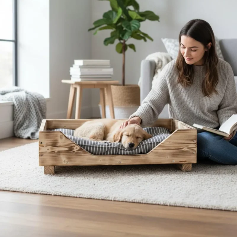 Hundebett aus Holz für kleine/mittelgroße Hunde und Katzen in geflammt