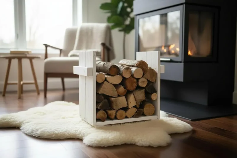 Kaminholzregal, Ständer für Kaminholz Kaminholzständer Kaminholzablage vintage shabby aus Holz fertig montiert (Weiß)