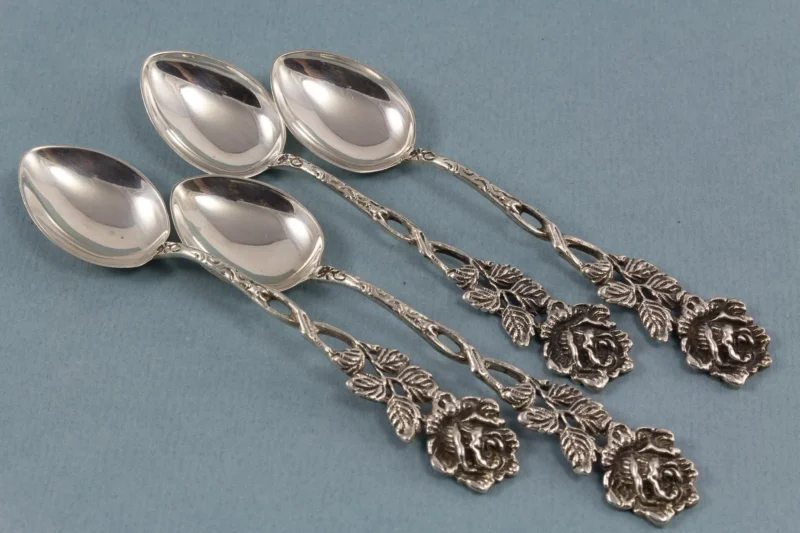 4 mocha spoons made of 835er silver, espresso spoon with roses