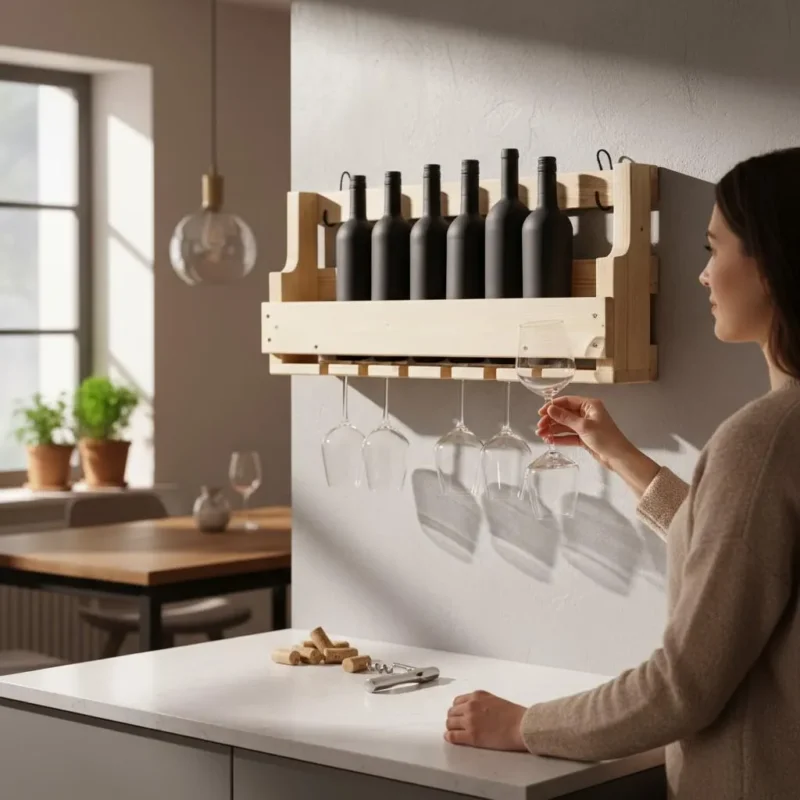Weinregal aus Holz für die Wand in Natur mit Gläserhalter