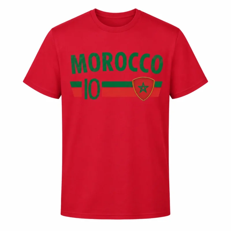 Marokko Morocco Fan Shirt Herren Damen Unisex Rot, Fußball WM Weltmeisterschaft Fan T-Shirt mit Flaggen Design, mit 10 oder ohne 10, S-5XL