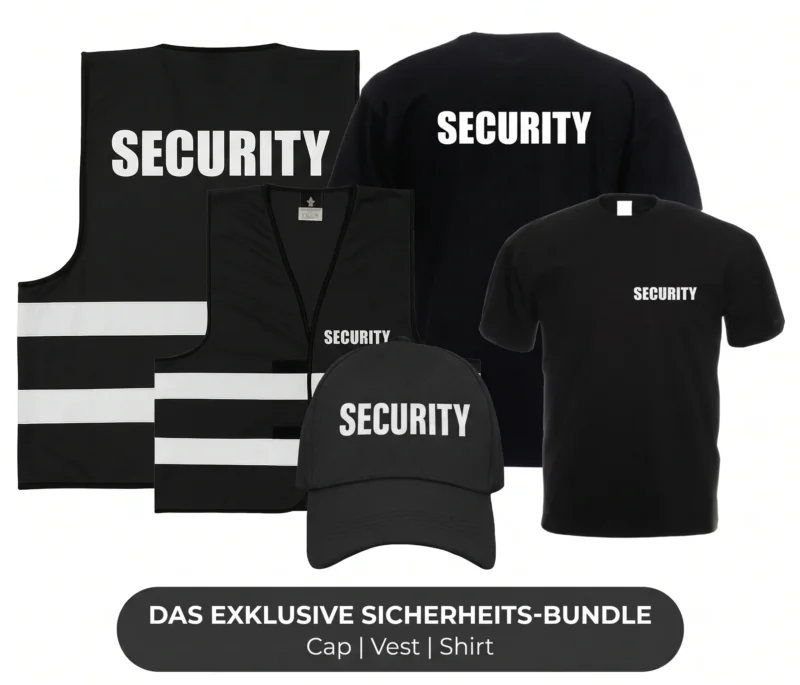 Security Set – T-Shirt & Warnweste und Cap mit Rücken/Front Druck – Schwarz Shirt + schwarze Signalweste – für Veranstaltung, Sicherheitsteam, Ordner, Security Dienst, Eventpersonal