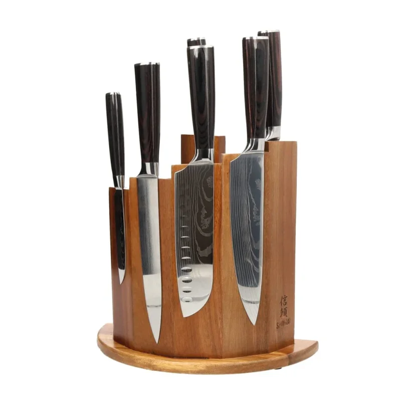 Shinrai Knives - Damascus Print 7-delige Messenset + Magnetisch Messenblok Scalae - Acacia hout Messenset met blok Shinrai Knives