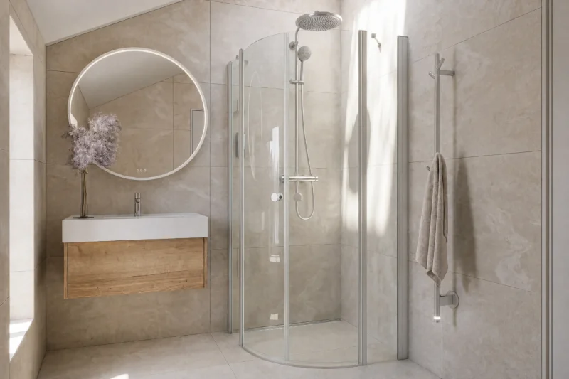 Match Viertelkreis-Dusche mit zwei gebogenen Drehtüren, satiniertem Aluminium-Profil und klarem 6 mm ESG-Glas, bodengleiche Rundecke